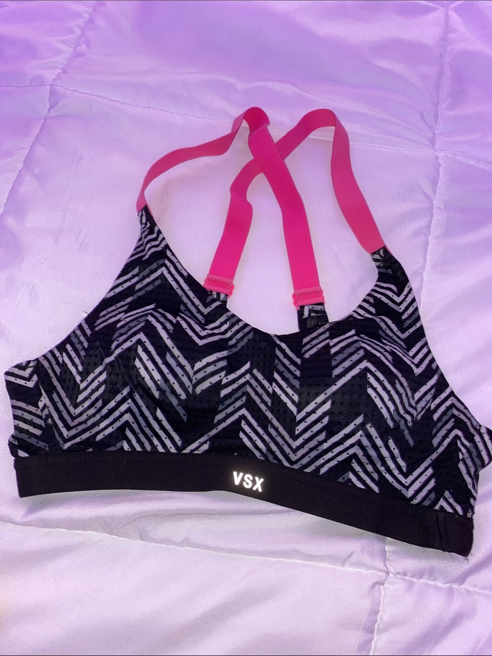 VSX Black & Gray Chevron Sports Bra with Pink Straps